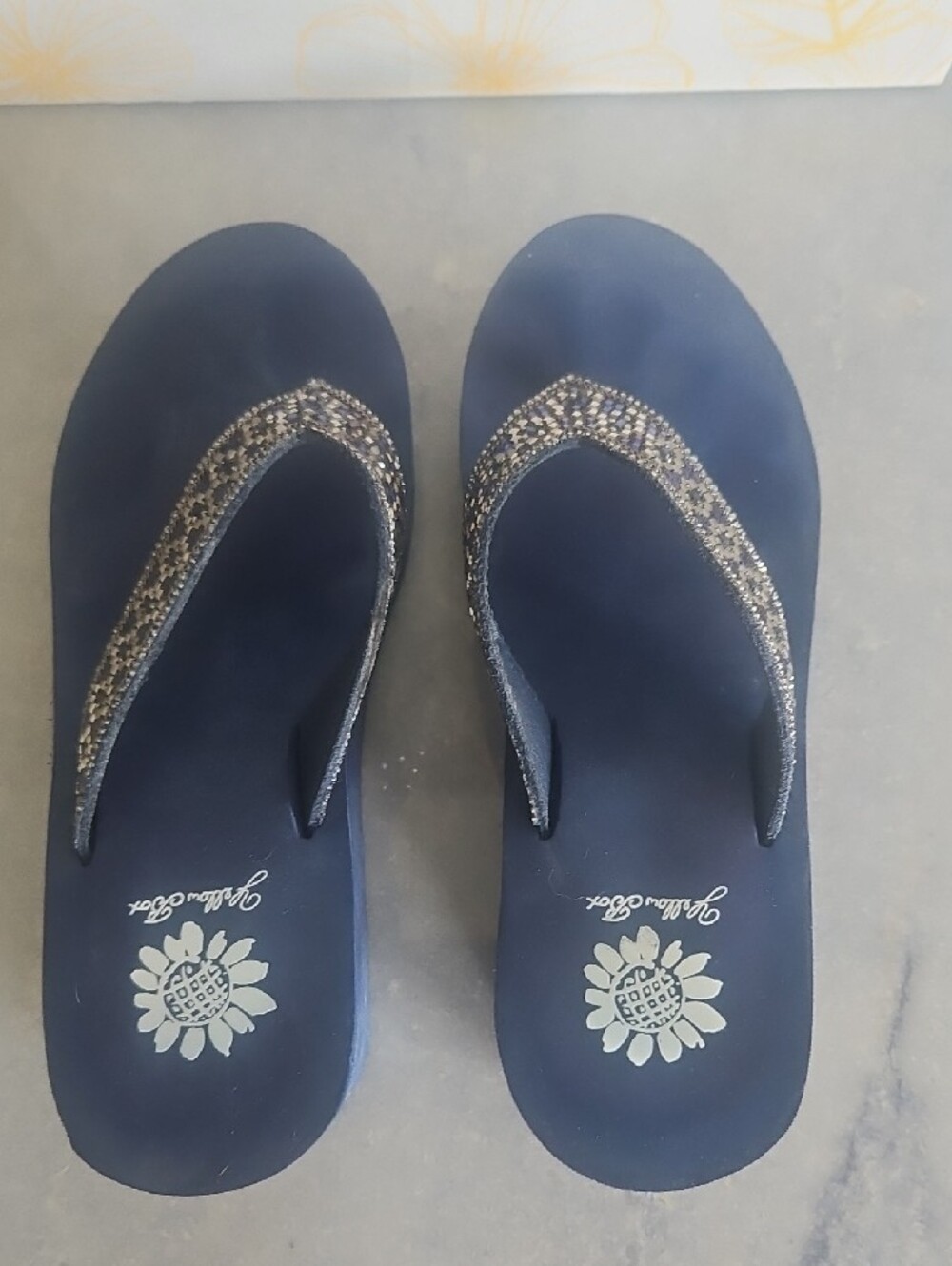 Yellow Box Navy Beaded Wedge Thong Sandals - Picture 7 of 10